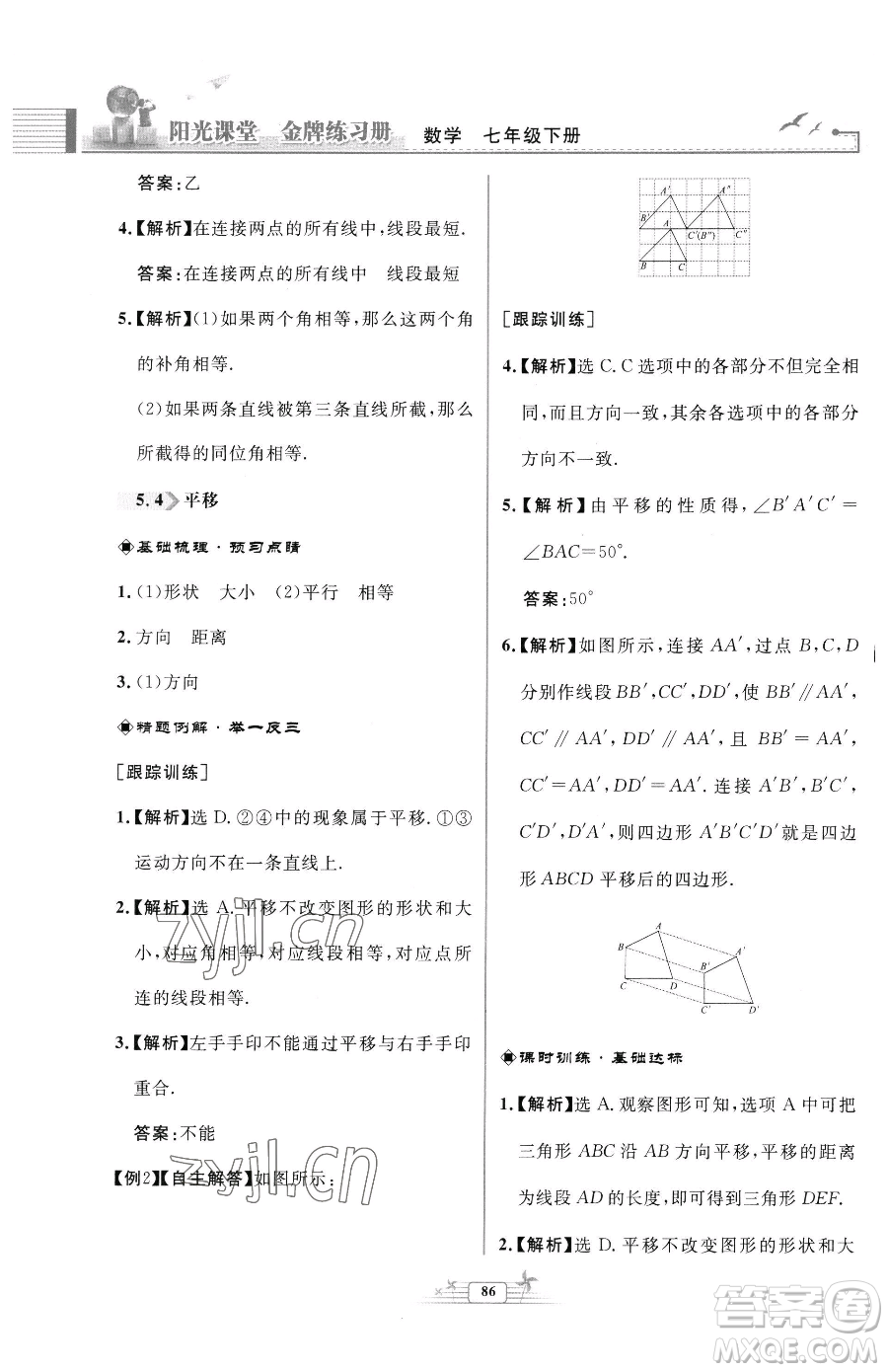 人民教育出版社2023陽光課堂金牌練習(xí)冊七年級下冊數(shù)學(xué)人教版福建專版參考答案