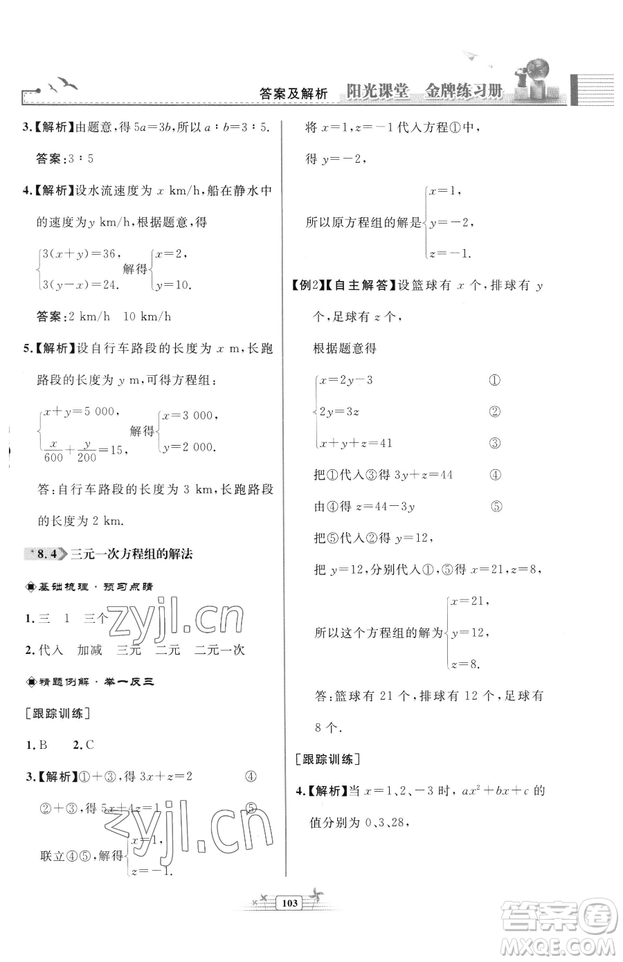 人民教育出版社2023陽光課堂金牌練習(xí)冊七年級下冊數(shù)學(xué)人教版福建專版參考答案
