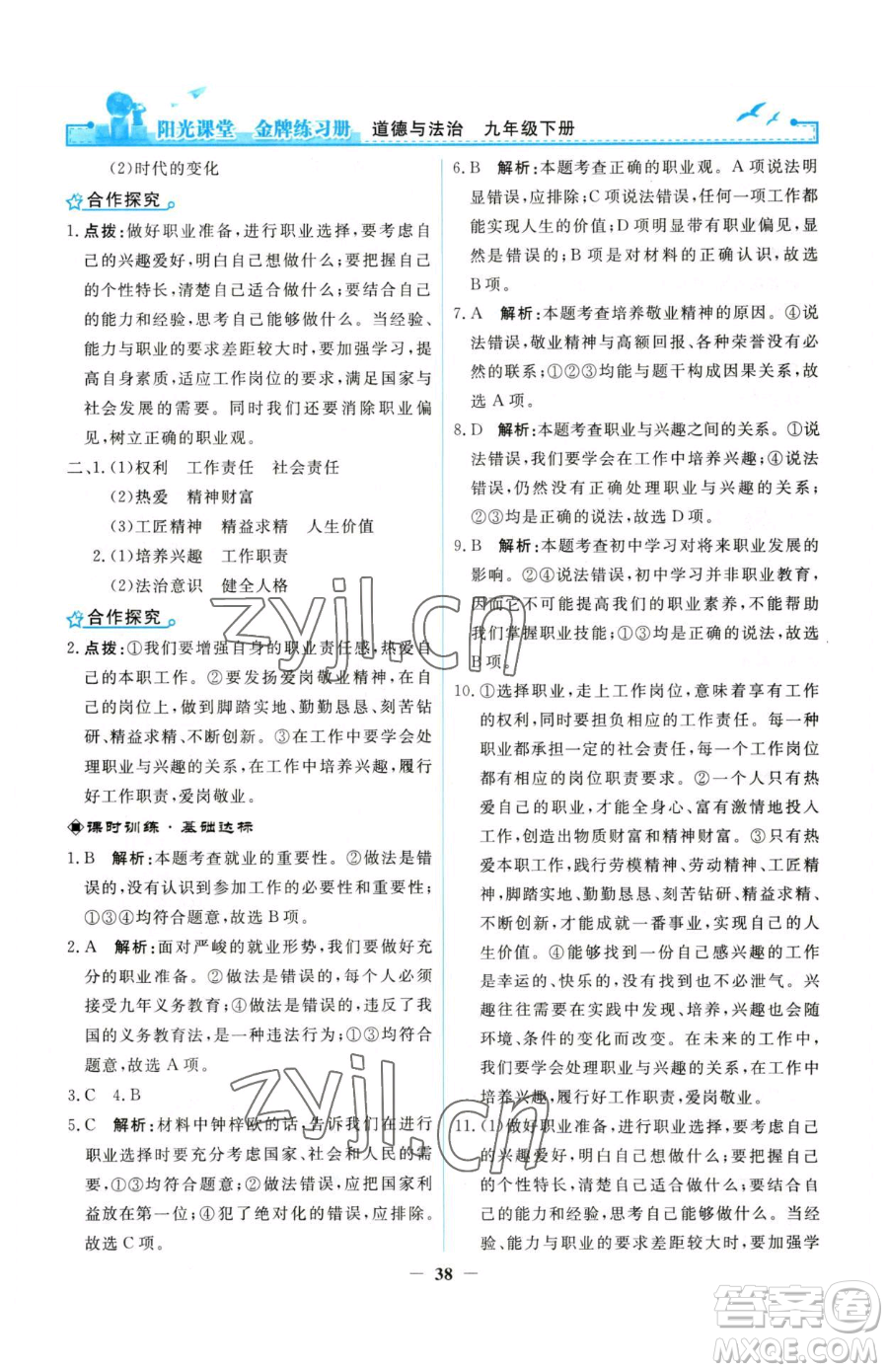人民教育出版社2023陽光課堂金牌練習冊九年級下冊道德與法治人教版參考答案