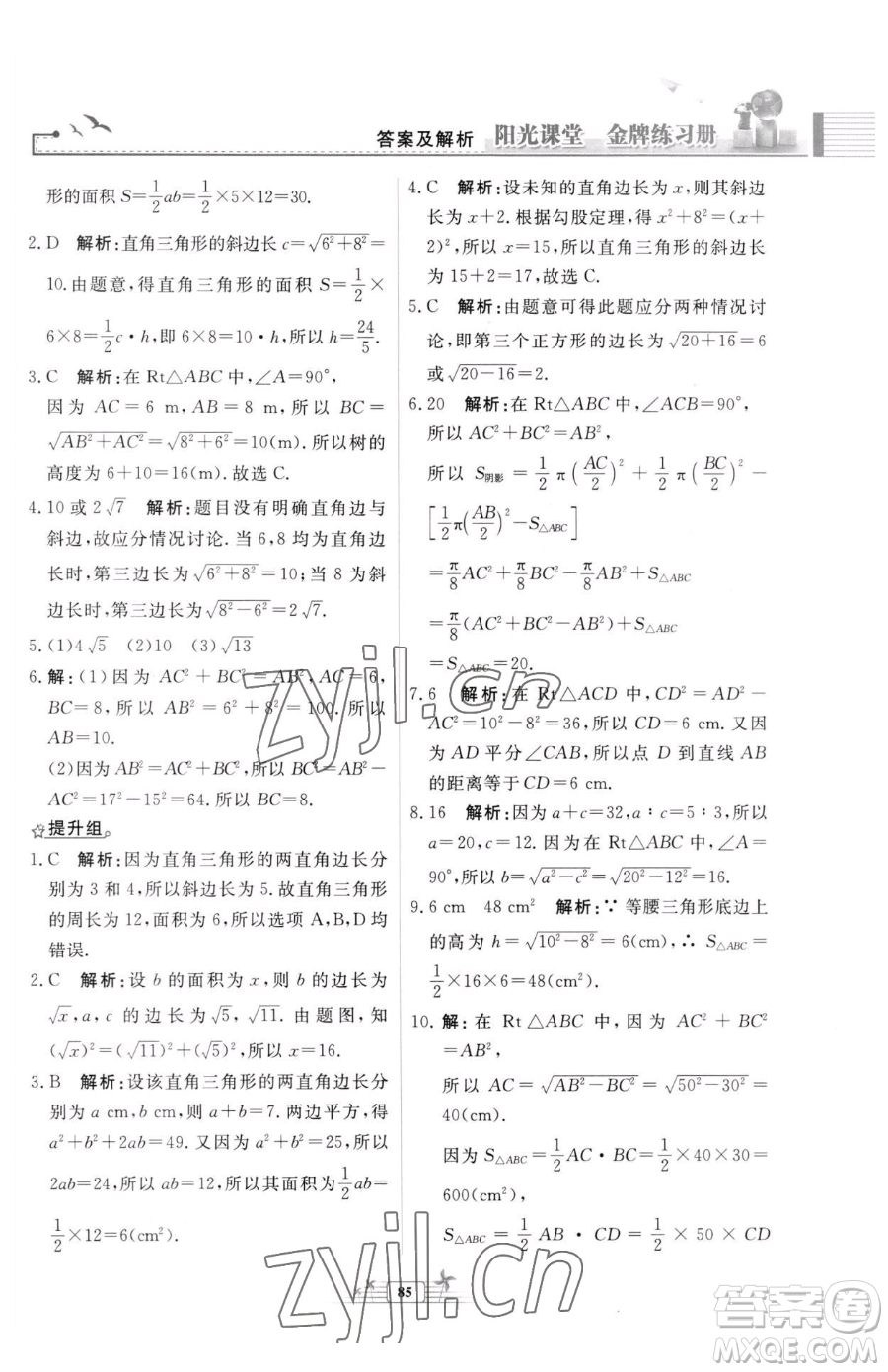 人民教育出版社2023陽光課堂金牌練習(xí)冊八年級下冊數(shù)學(xué)人教版福建專版參考答案