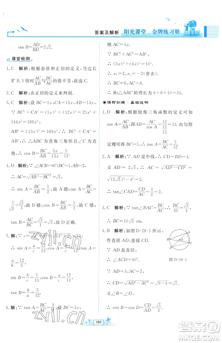 人民教育出版社2023陽光課堂金牌練習(xí)冊(cè)九年級(jí)下冊(cè)數(shù)學(xué)人教版福建專版參考答案