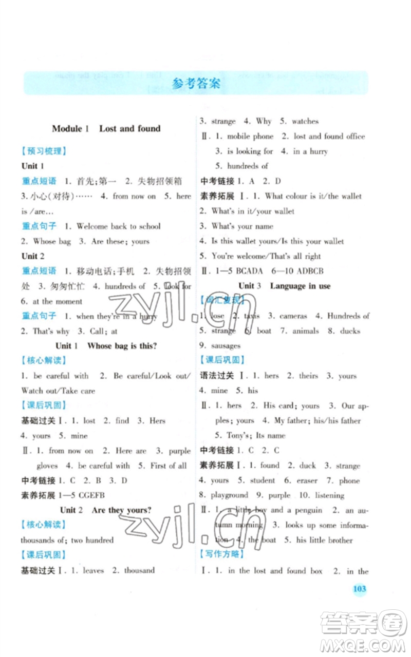 陜西師范大學(xué)出版總社2023績(jī)優(yōu)學(xué)案七年級(jí)英語(yǔ)下冊(cè)外研版參考答案