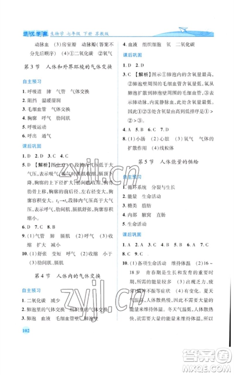陜西師范大學(xué)出版總社2023績優(yōu)學(xué)案七年級生物下冊蘇教版參考答案