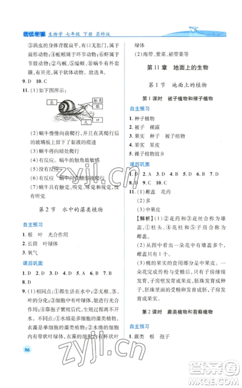 陜西師范大學(xué)出版總社2023績優(yōu)學(xué)案七年級生物下冊蘇科版參考答案