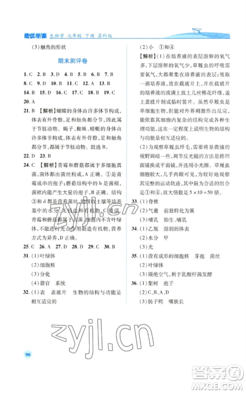 陜西師范大學(xué)出版總社2023績優(yōu)學(xué)案七年級生物下冊蘇科版參考答案