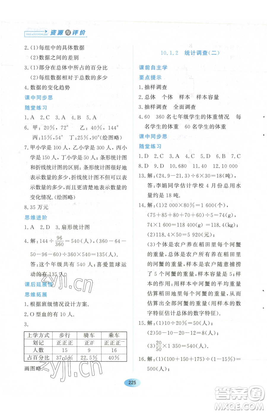 黑龍江教育出版社2023資源與評(píng)價(jià)七年級(jí)下冊(cè)數(shù)學(xué)人教版參考答案