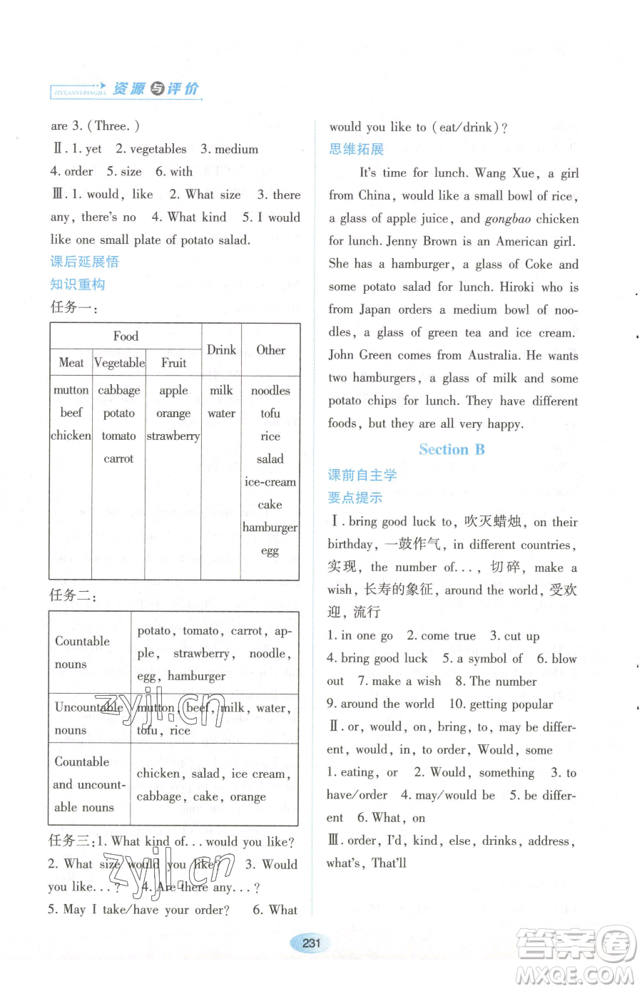 黑龍江教育出版社2023資源與評價七年級下冊英語人教版參考答案