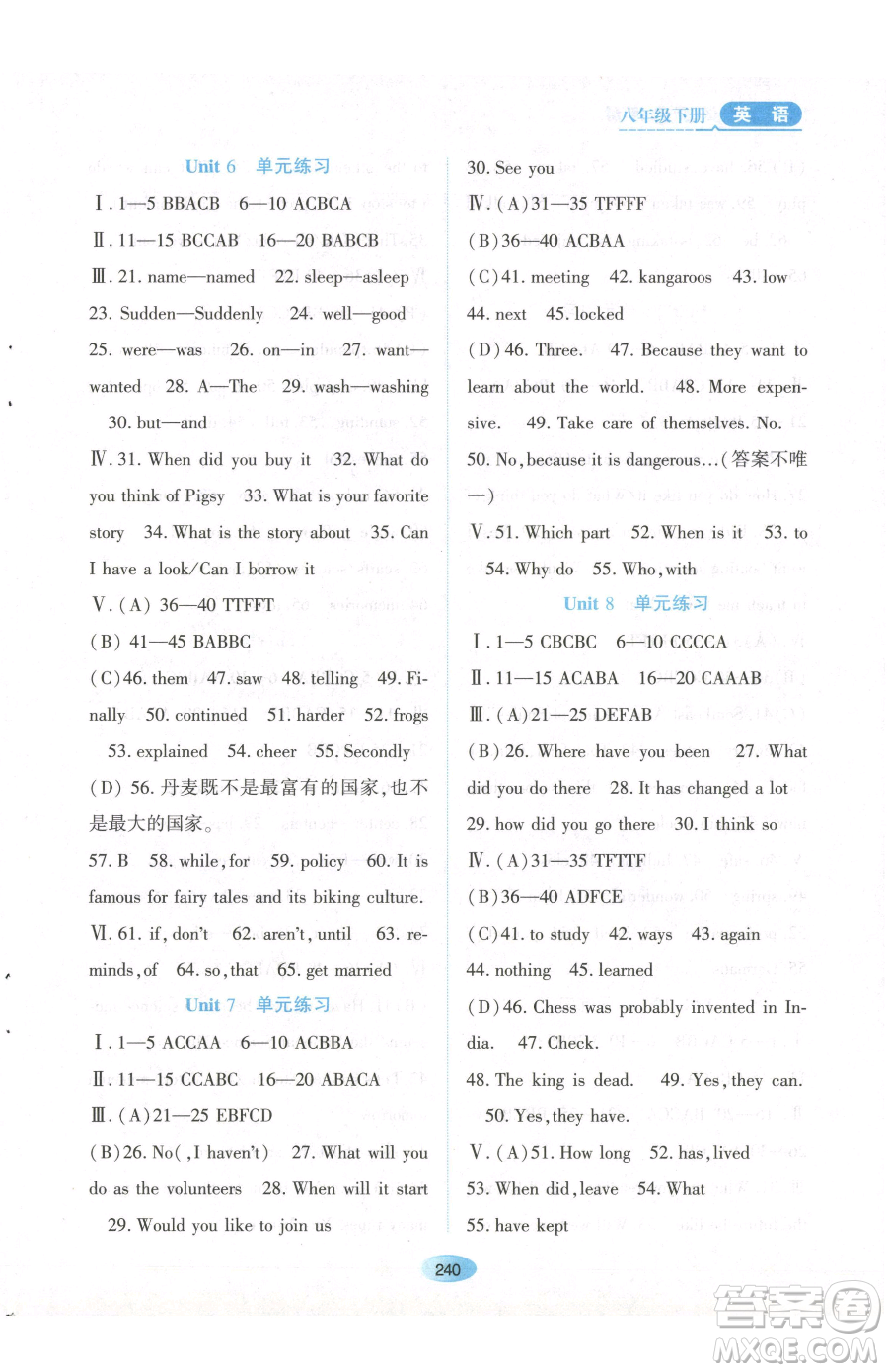 黑龍江教育出版社2023資源與評(píng)價(jià)八年級(jí)下冊(cè)英語(yǔ)人教版參考答案