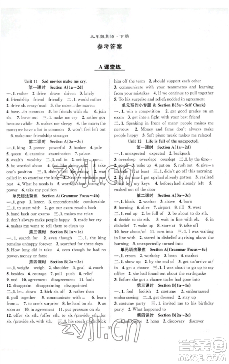 長江少年兒童出版社2023優(yōu)質(zhì)課堂導(dǎo)學(xué)案B課后作業(yè)九年級(jí)英語下冊(cè)人教版參考答案