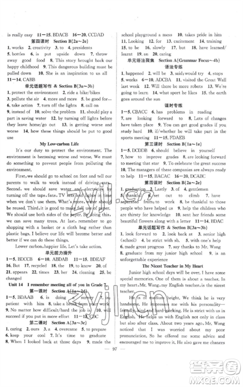長江少年兒童出版社2023優(yōu)質(zhì)課堂導(dǎo)學(xué)案B課后作業(yè)九年級(jí)英語下冊(cè)人教版參考答案