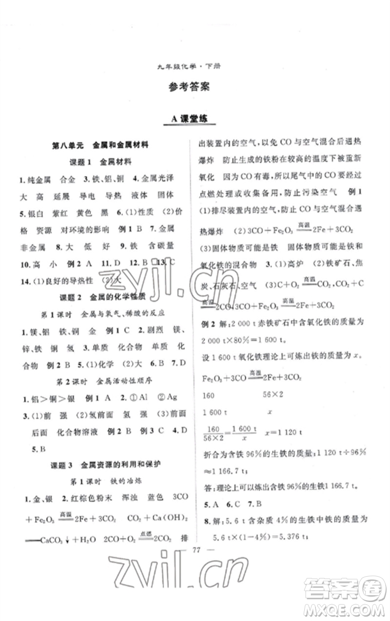 長江少年兒童出版社2023優(yōu)質課堂導學案B課后作業(yè)九年級化學下冊人教版參考答案