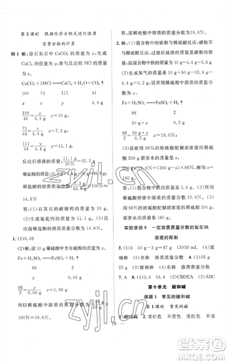 長江少年兒童出版社2023優(yōu)質課堂導學案B課后作業(yè)九年級化學下冊人教版參考答案