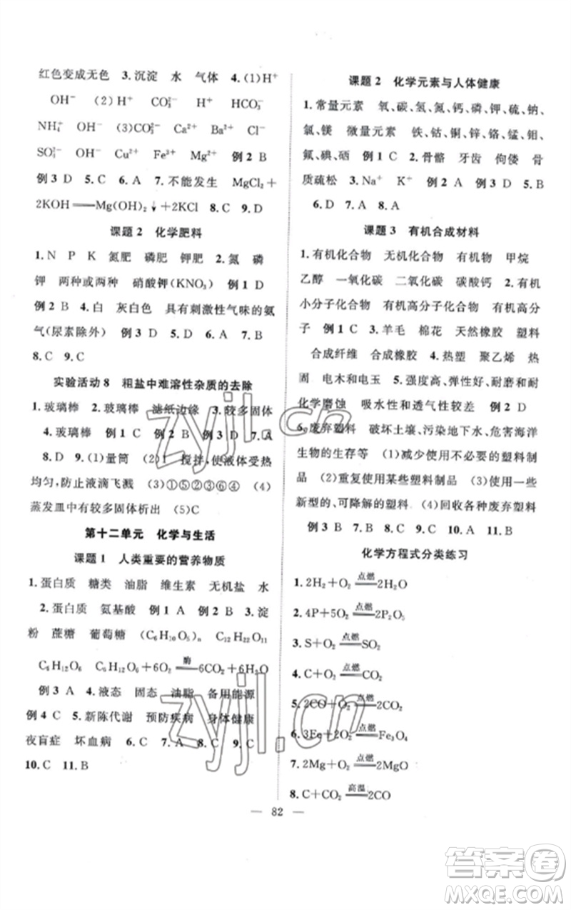 長江少年兒童出版社2023優(yōu)質課堂導學案B課后作業(yè)九年級化學下冊人教版參考答案