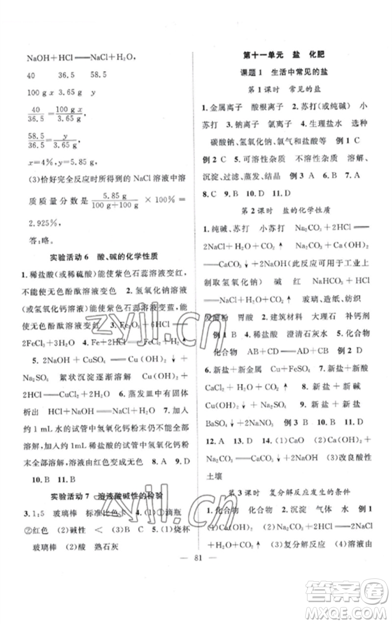 長江少年兒童出版社2023優(yōu)質課堂導學案B課后作業(yè)九年級化學下冊人教版參考答案