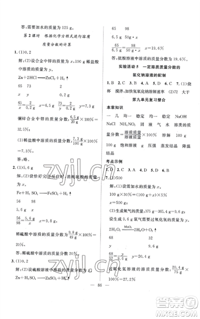 長江少年兒童出版社2023優(yōu)質課堂導學案B課后作業(yè)九年級化學下冊人教版參考答案