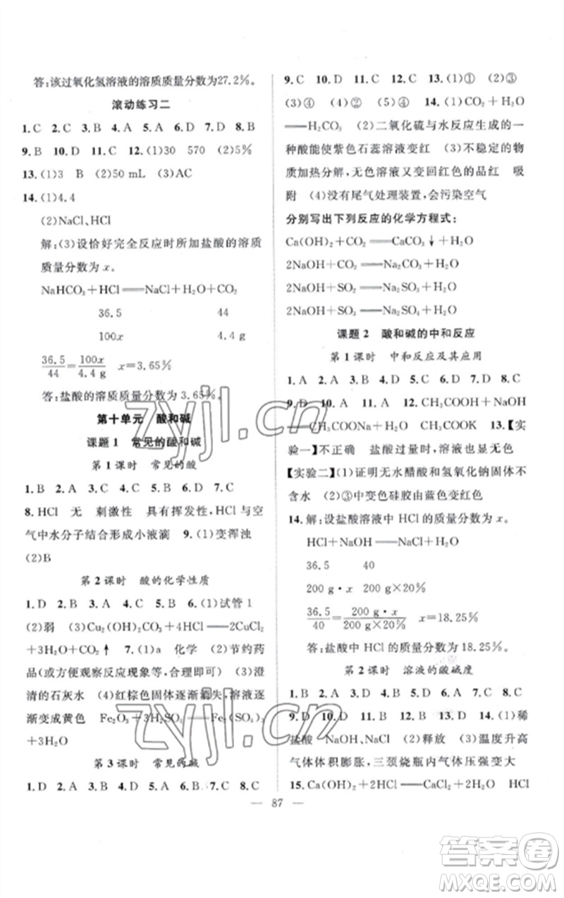 長江少年兒童出版社2023優(yōu)質課堂導學案B課后作業(yè)九年級化學下冊人教版參考答案