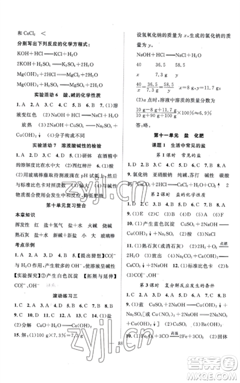 長江少年兒童出版社2023優(yōu)質課堂導學案B課后作業(yè)九年級化學下冊人教版參考答案