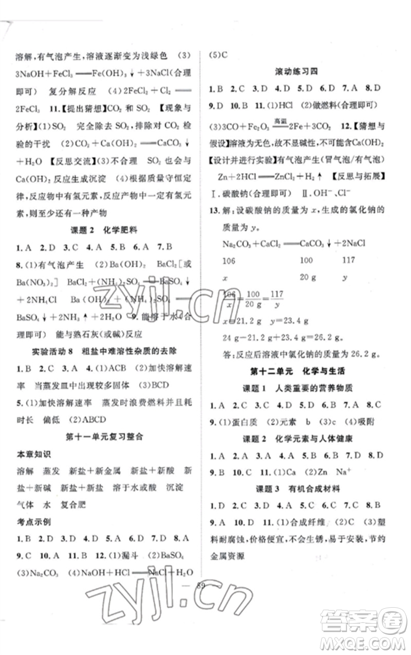 長江少年兒童出版社2023優(yōu)質課堂導學案B課后作業(yè)九年級化學下冊人教版參考答案