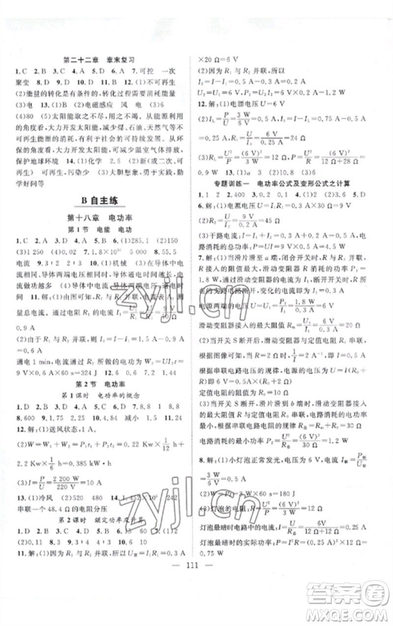 長江少年兒童出版社2023優(yōu)質(zhì)課堂導學案B課后作業(yè)九年級物理下冊人教版參考答案