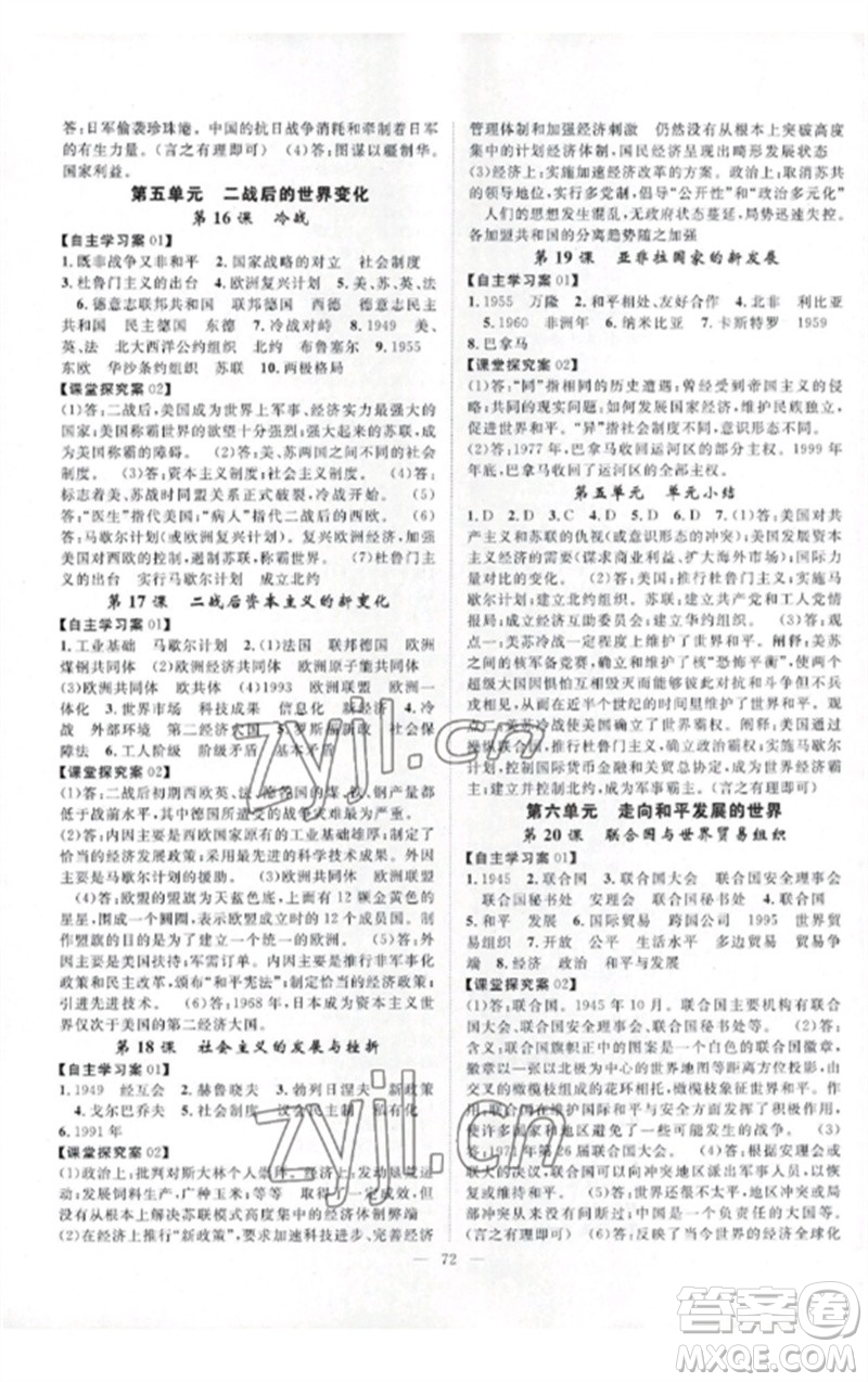 長江少年兒童出版社2023優(yōu)質(zhì)課堂導(dǎo)學(xué)案B課后作業(yè)九年級歷史下冊人教版參考答案