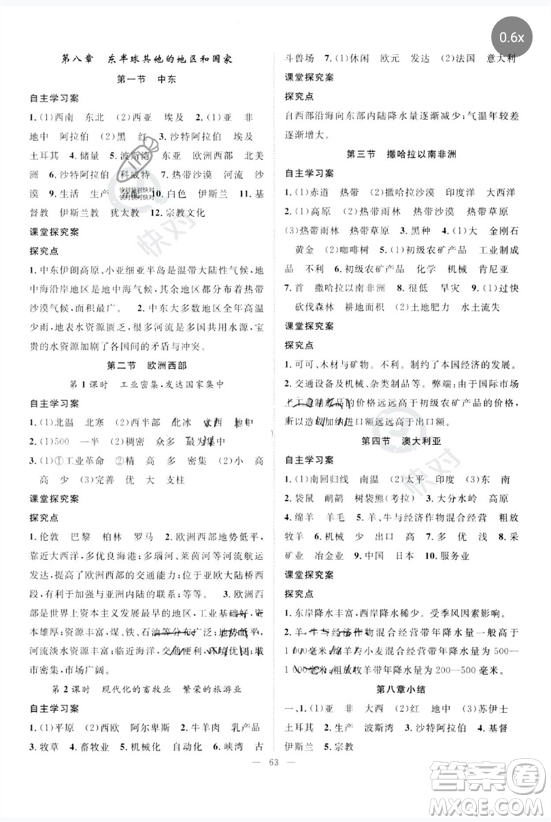 長(zhǎng)江少年兒童出版社2023優(yōu)質(zhì)課堂導(dǎo)學(xué)案B自主作業(yè)七年級(jí)地理下冊(cè)人教版參考答案