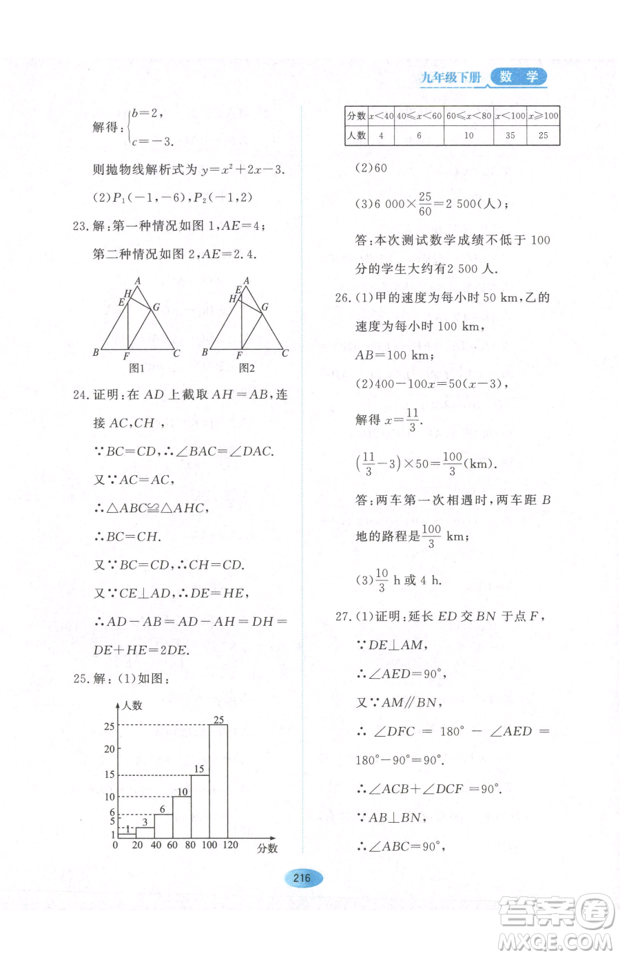 黑龍江教育出版社2023資源與評(píng)價(jià)九年級(jí)下冊(cè)數(shù)學(xué)人教版參考答案