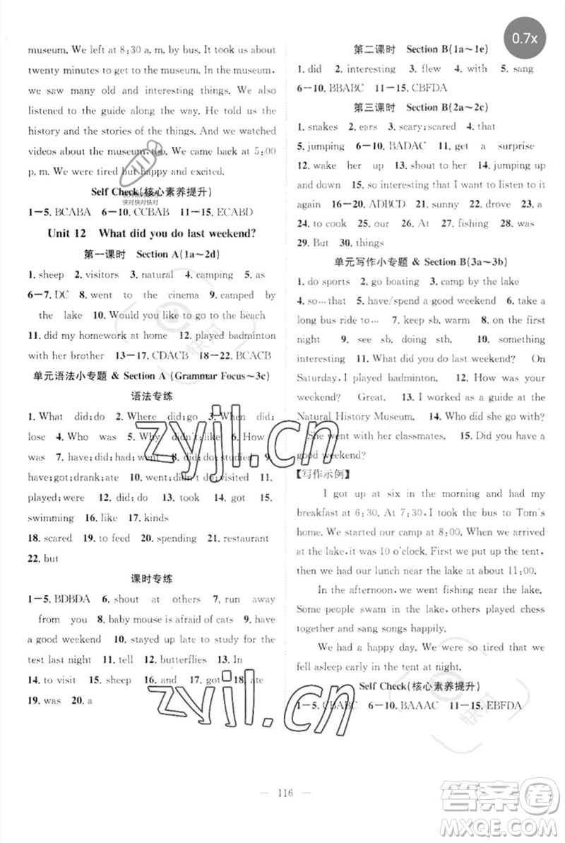 長江少年兒童出版社2023優(yōu)質(zhì)課堂導(dǎo)學(xué)案B自主作業(yè)七年級英語下冊人教版參考答案