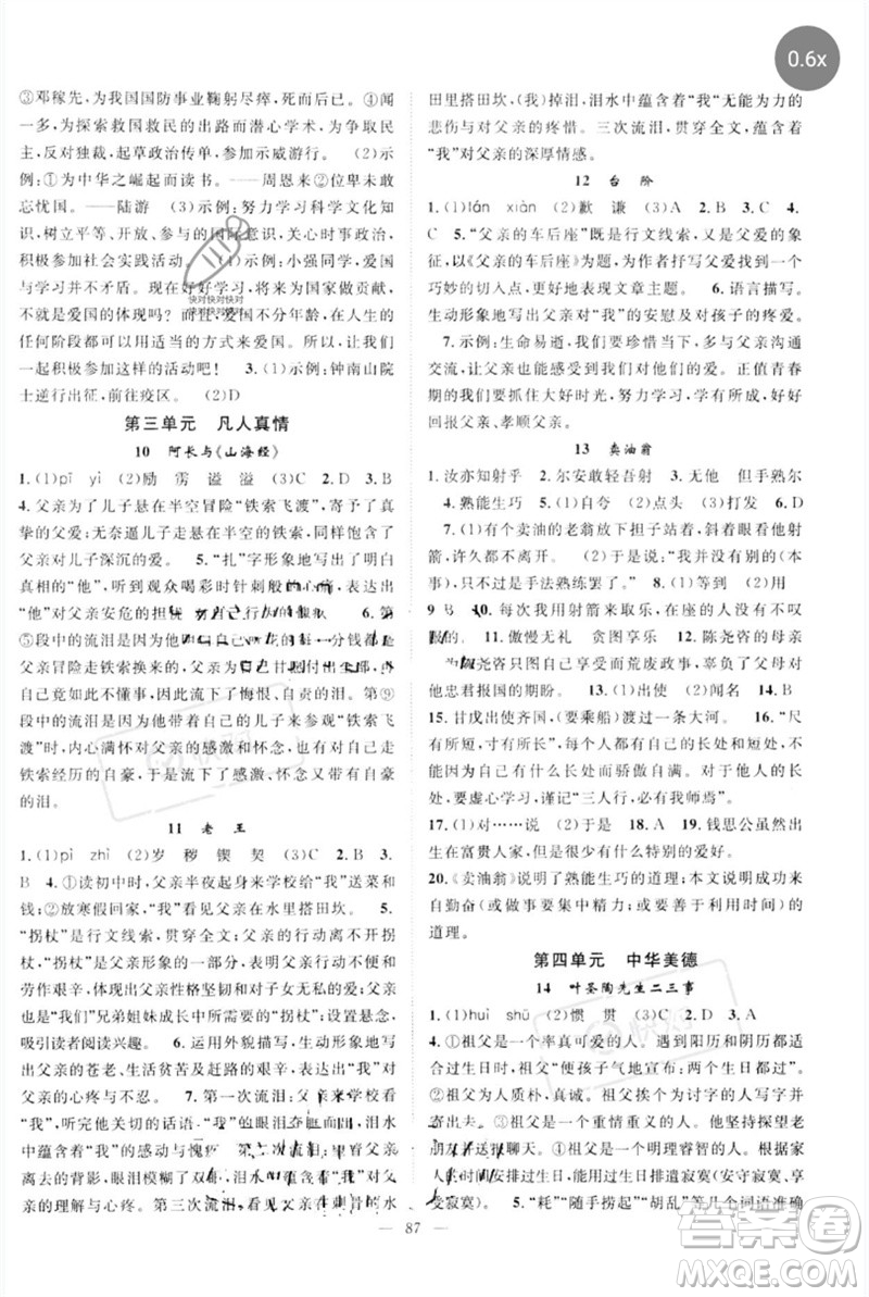 長江少年兒童出版社2023優(yōu)質(zhì)課堂導學案B自主作業(yè)七年級語文下冊人教版參考答案