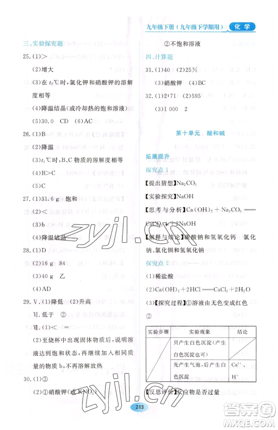 黑龍江教育出版社2023資源與評(píng)價(jià)九年級(jí)下冊(cè)化學(xué)人教版54制參考答案
