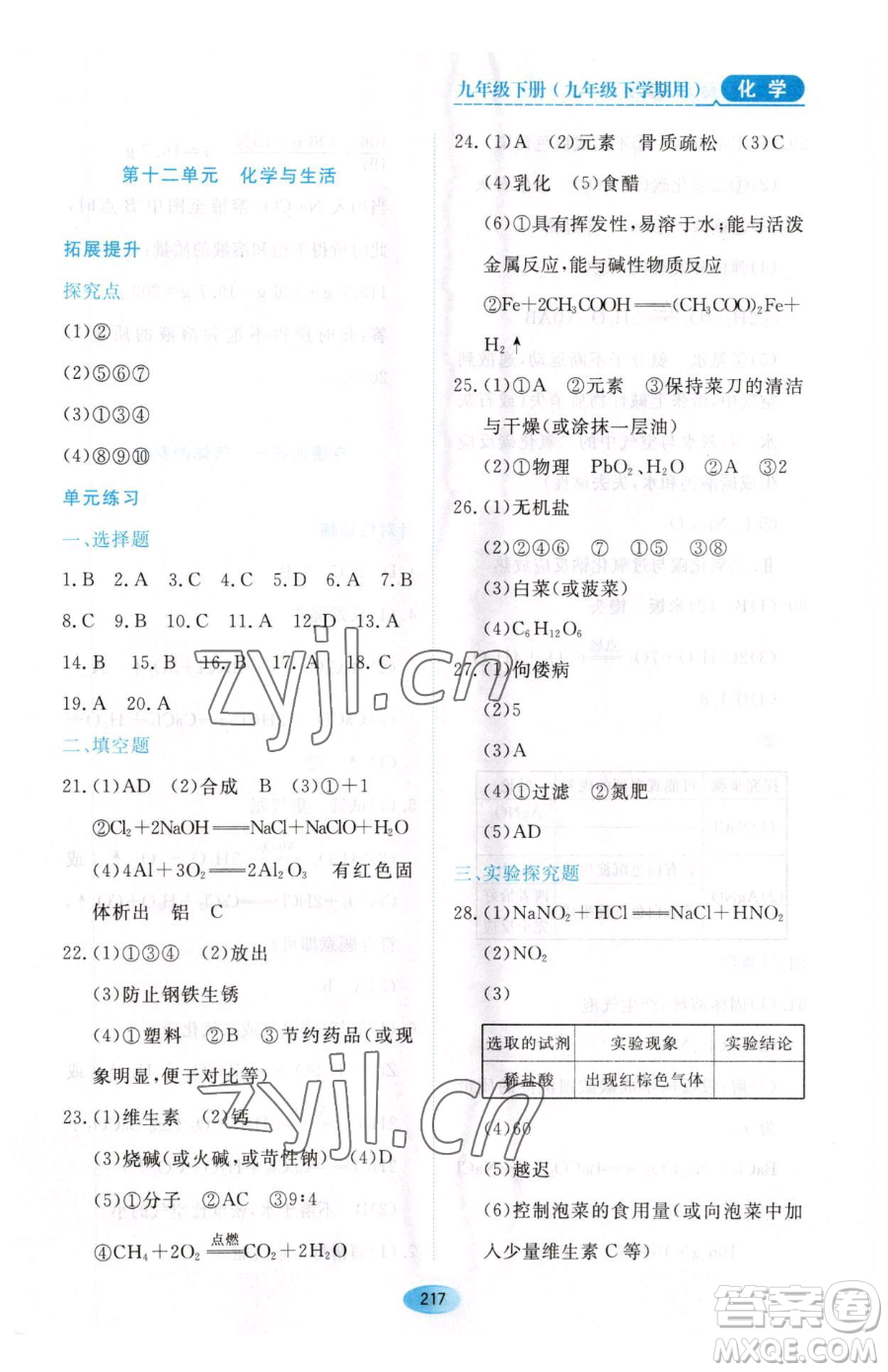 黑龍江教育出版社2023資源與評(píng)價(jià)九年級(jí)下冊(cè)化學(xué)人教版54制參考答案