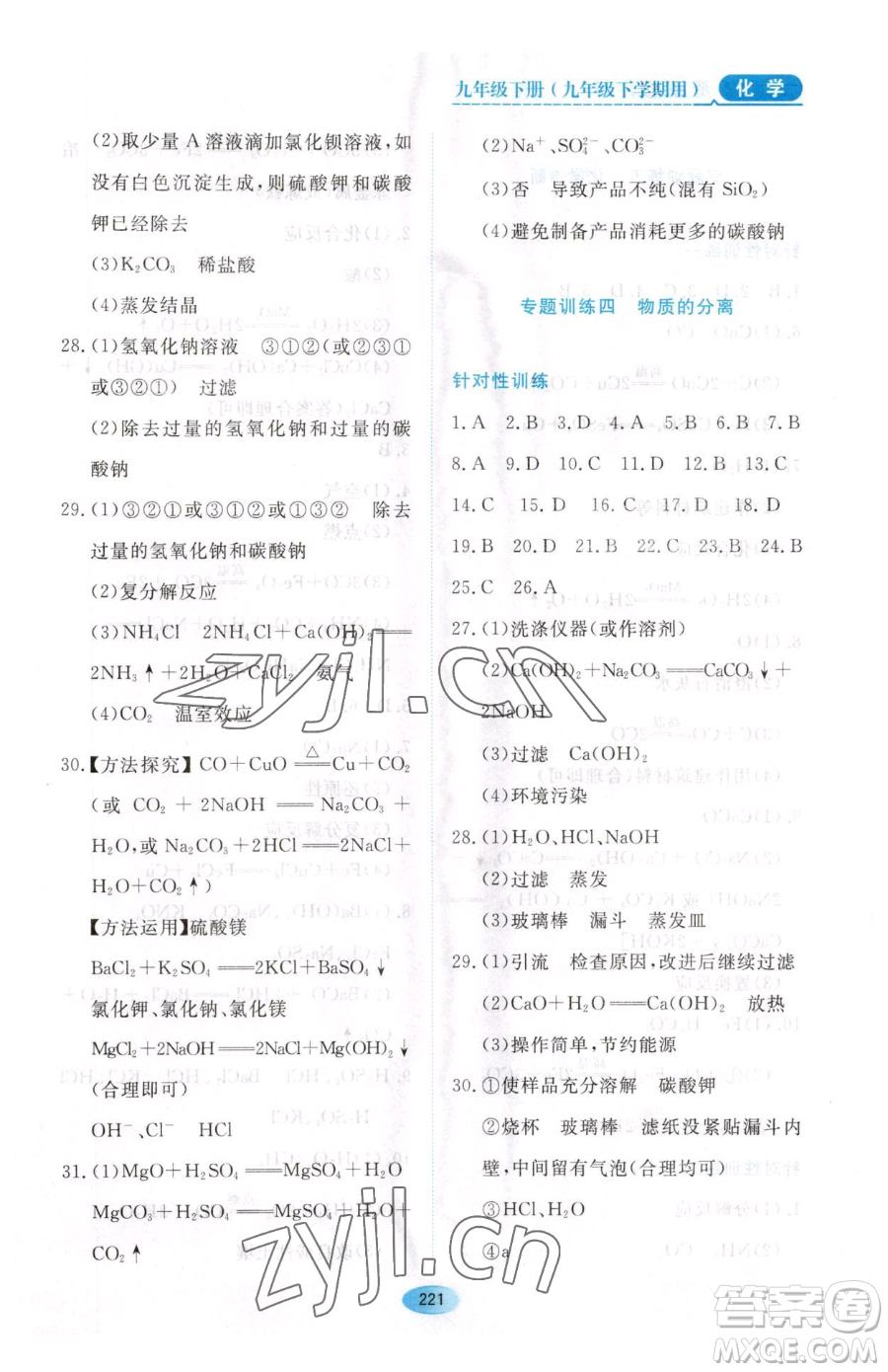 黑龍江教育出版社2023資源與評(píng)價(jià)九年級(jí)下冊(cè)化學(xué)人教版54制參考答案