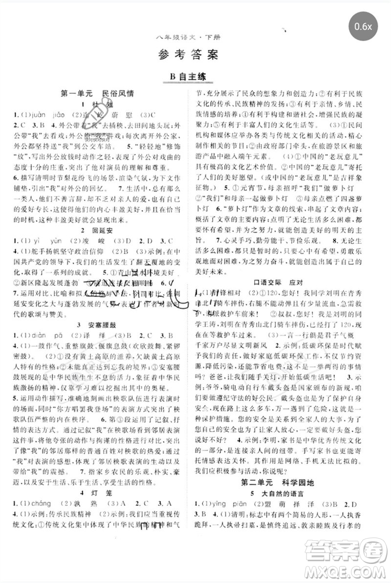 長江少年兒童出版社2023優(yōu)質(zhì)課堂導(dǎo)學(xué)案B自主作業(yè)八年級語文下冊人教版參考答案