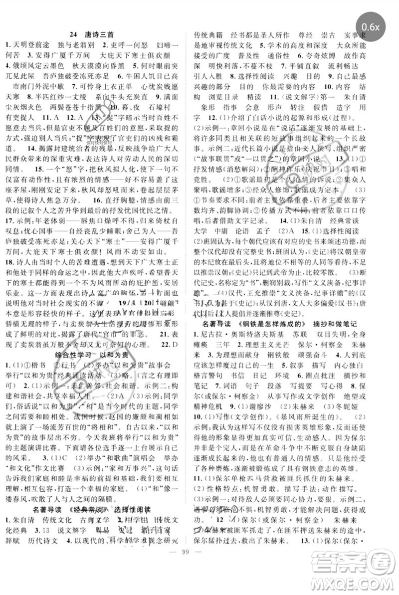 長江少年兒童出版社2023優(yōu)質(zhì)課堂導(dǎo)學(xué)案B自主作業(yè)八年級語文下冊人教版參考答案