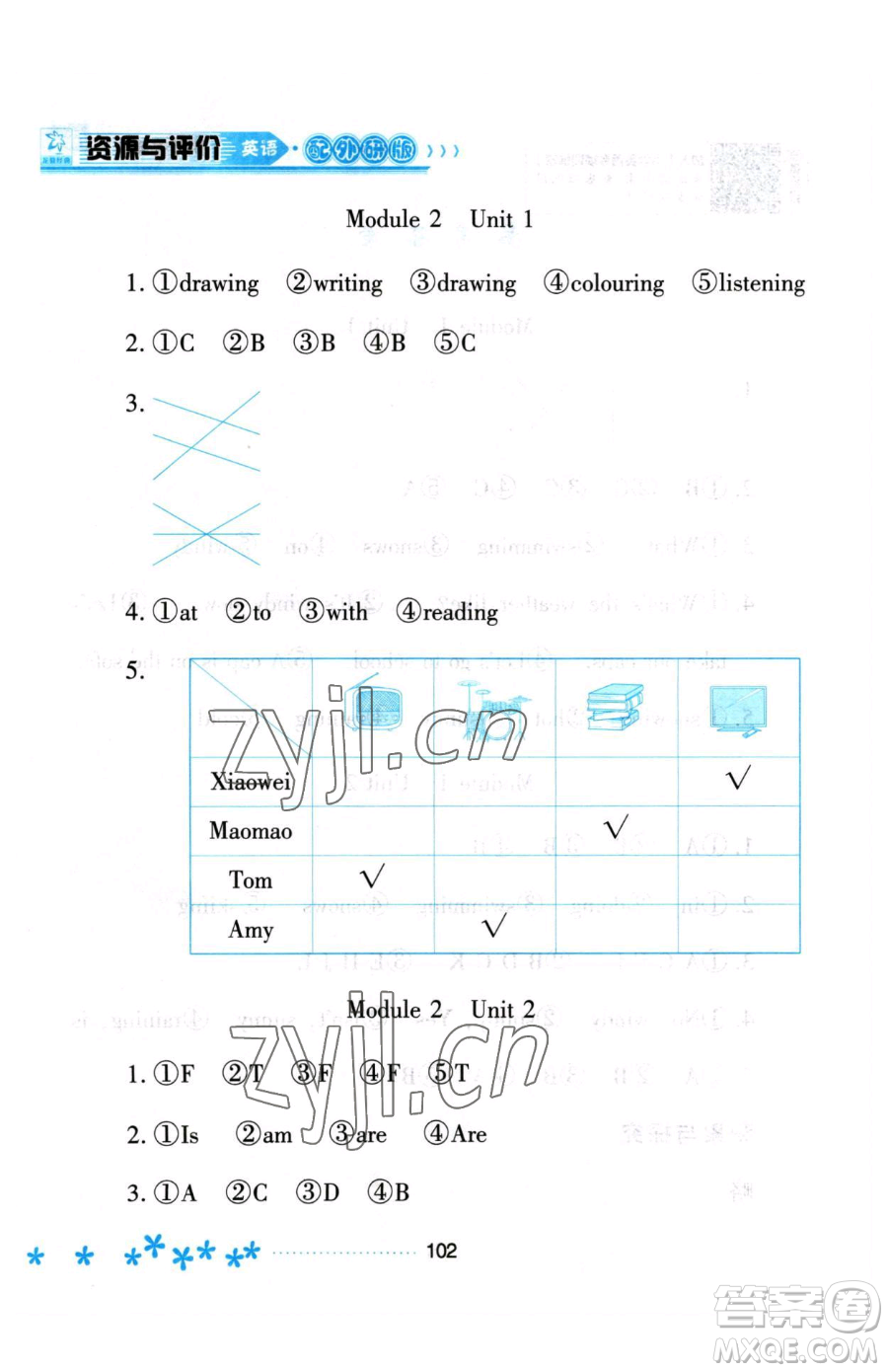 黑龍江教育出版社2023資源與評(píng)價(jià)二年級(jí)下冊(cè)英語(yǔ)外研版參考答案