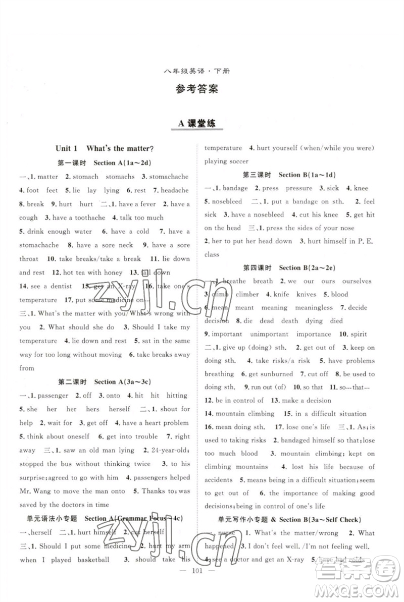 長(zhǎng)江少年兒童出版社2023優(yōu)質(zhì)課堂導(dǎo)學(xué)案B自主作業(yè)八年級(jí)英語(yǔ)下冊(cè)人教版參考答案