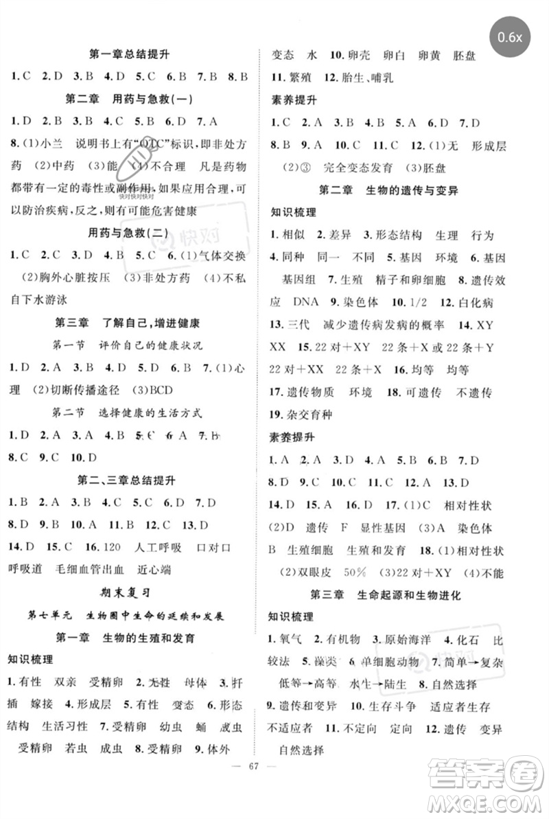長江少年兒童出版社2023優(yōu)質(zhì)課堂導(dǎo)學(xué)案B自主作業(yè)八年級生物下冊人教版參考答案