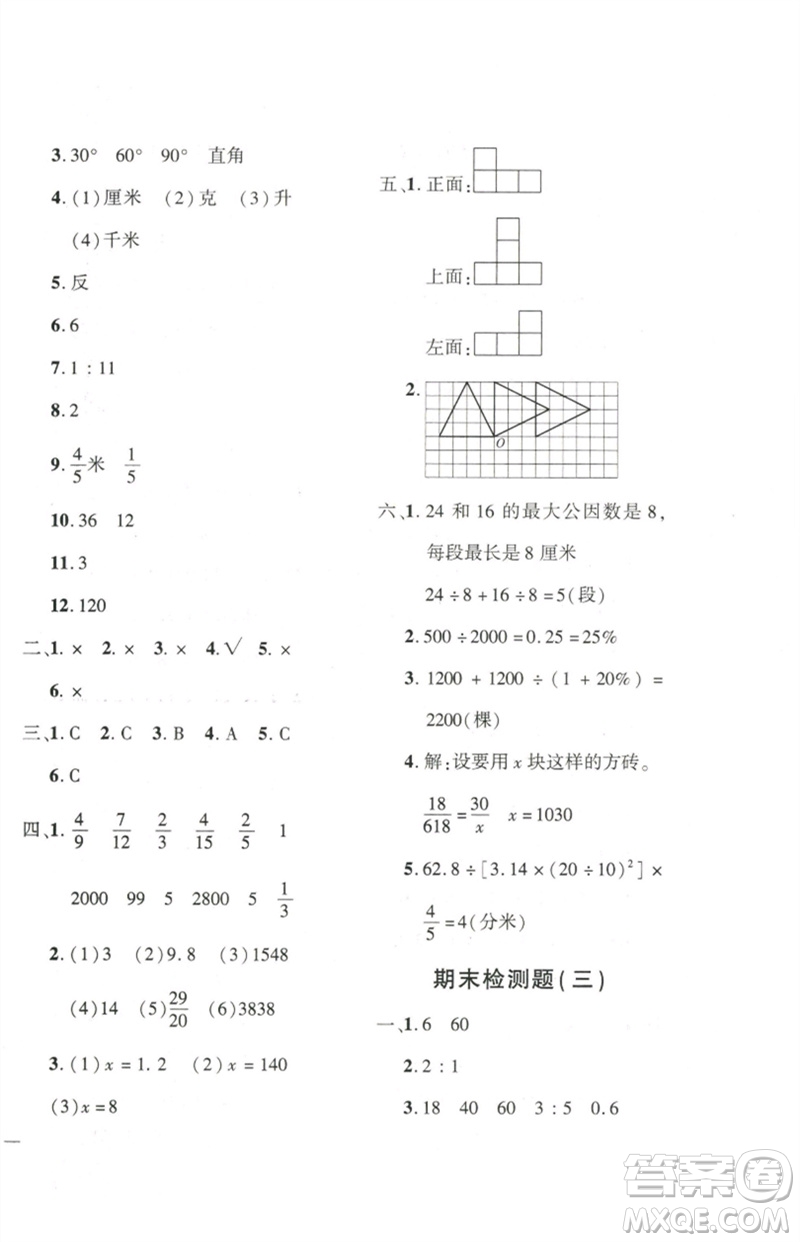 濟(jì)南出版社2023黃岡360度定制密卷六年級數(shù)學(xué)下冊人教版參考答案