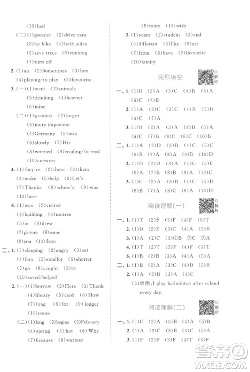 首都師范大學(xué)出版社2023年53小升初總復(fù)習(xí)考前講練測六年級英語全冊人教版參考答案