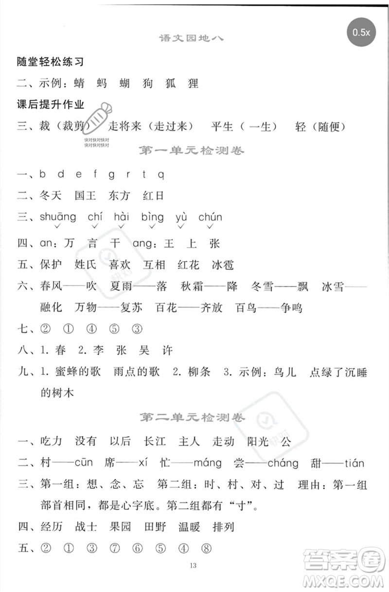 人民教育出版社2023同步輕松練習(xí)一年級(jí)語(yǔ)文下冊(cè)人教版參考答案
