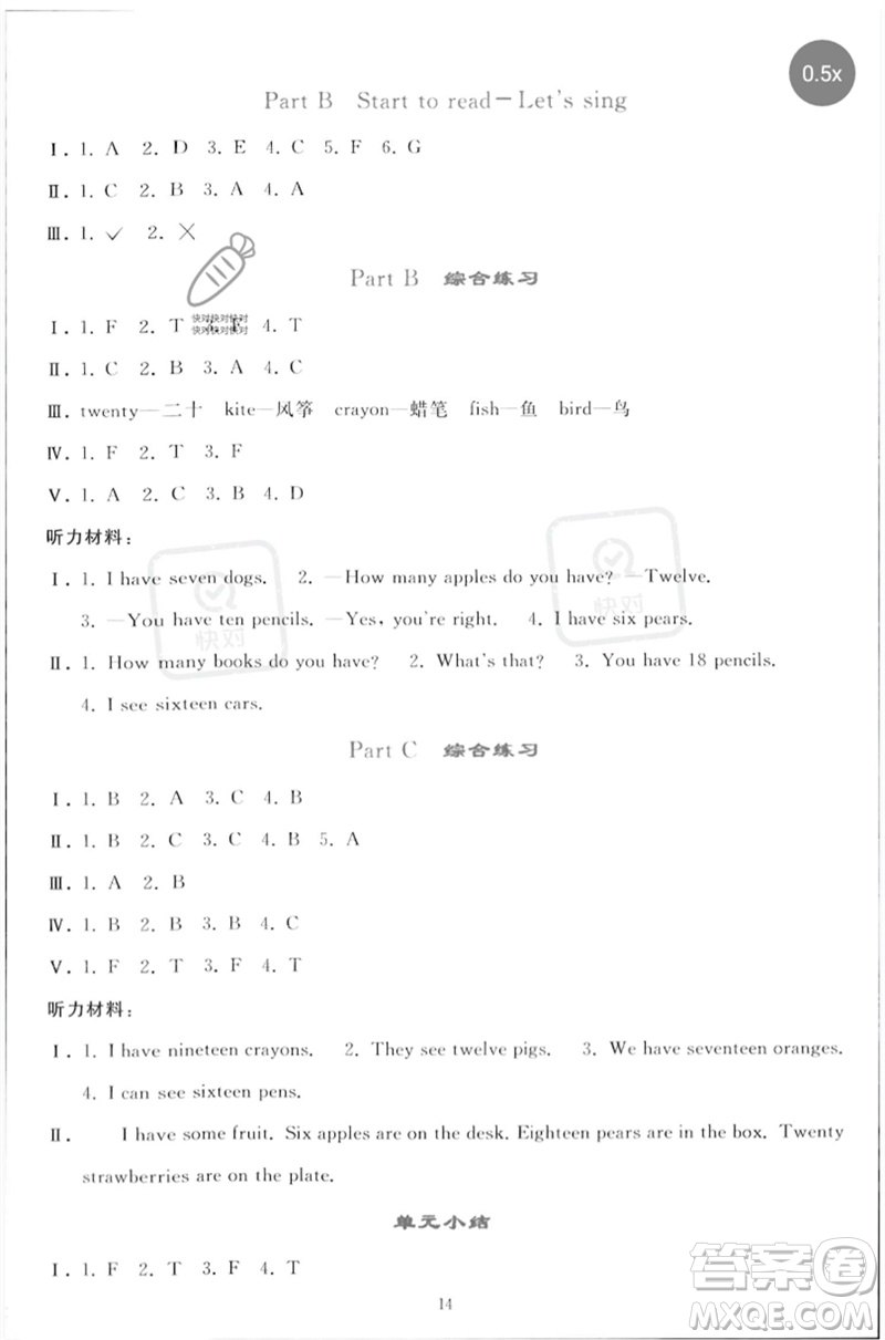 人民教育出版社2023同步輕松練習(xí)三年級(jí)英語下冊(cè)人教PEP版參考答案