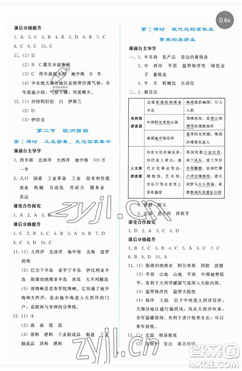 人民教育出版社2023同步輕松練習(xí)七年級(jí)地理下冊(cè)人教版參考答案