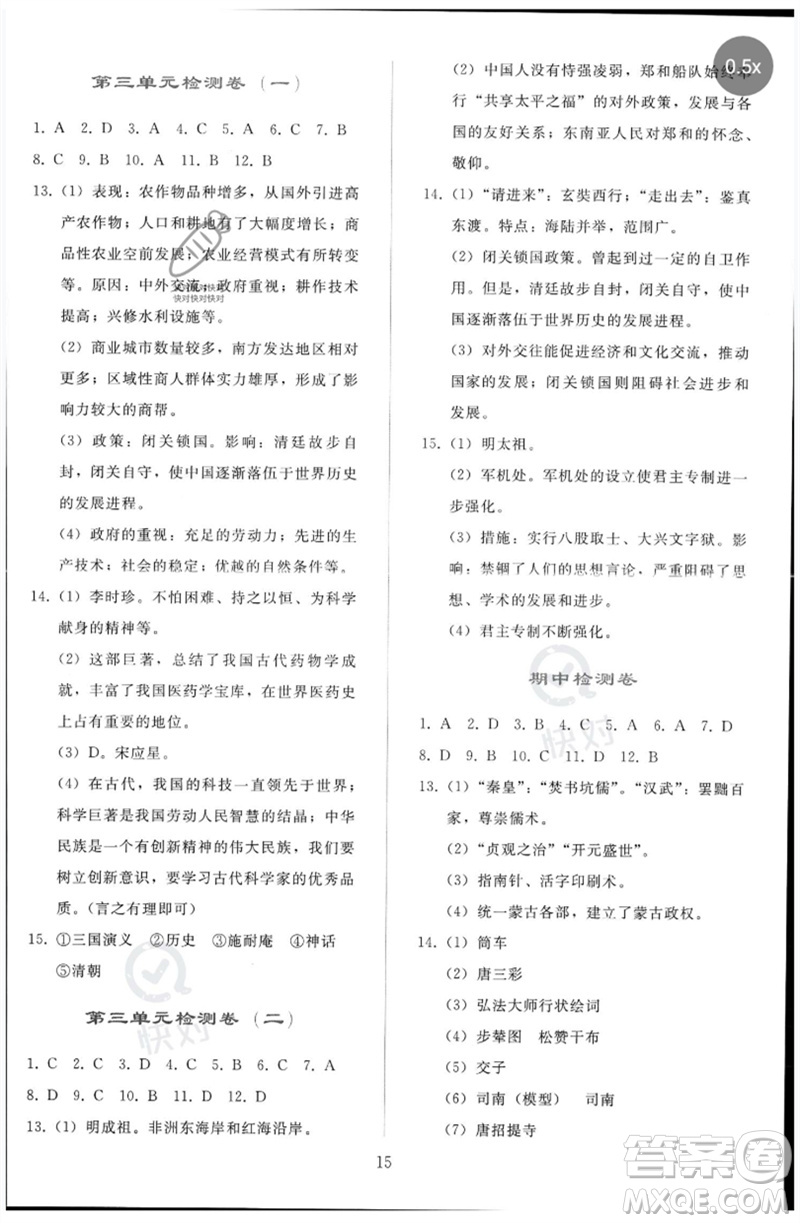 人民教育出版社2023同步輕松練習七年級中國歷史下冊人教版參考答案