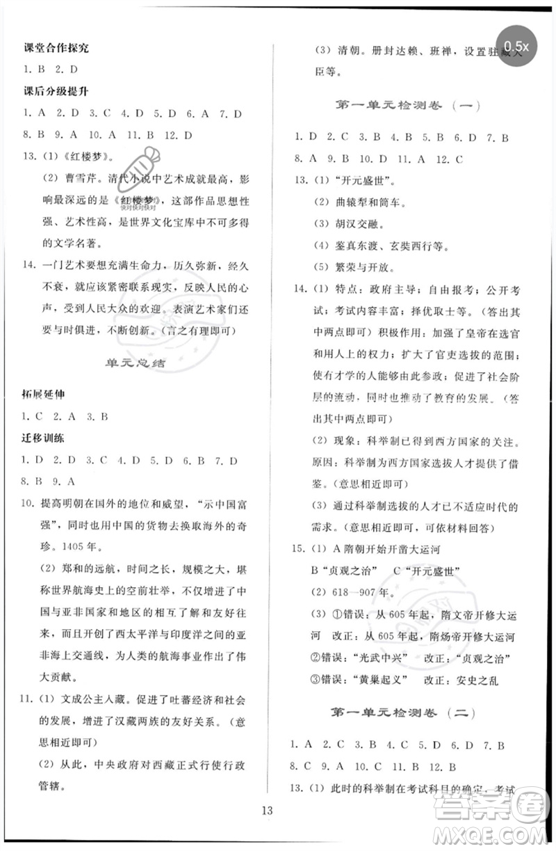 人民教育出版社2023同步輕松練習七年級中國歷史下冊人教版參考答案
