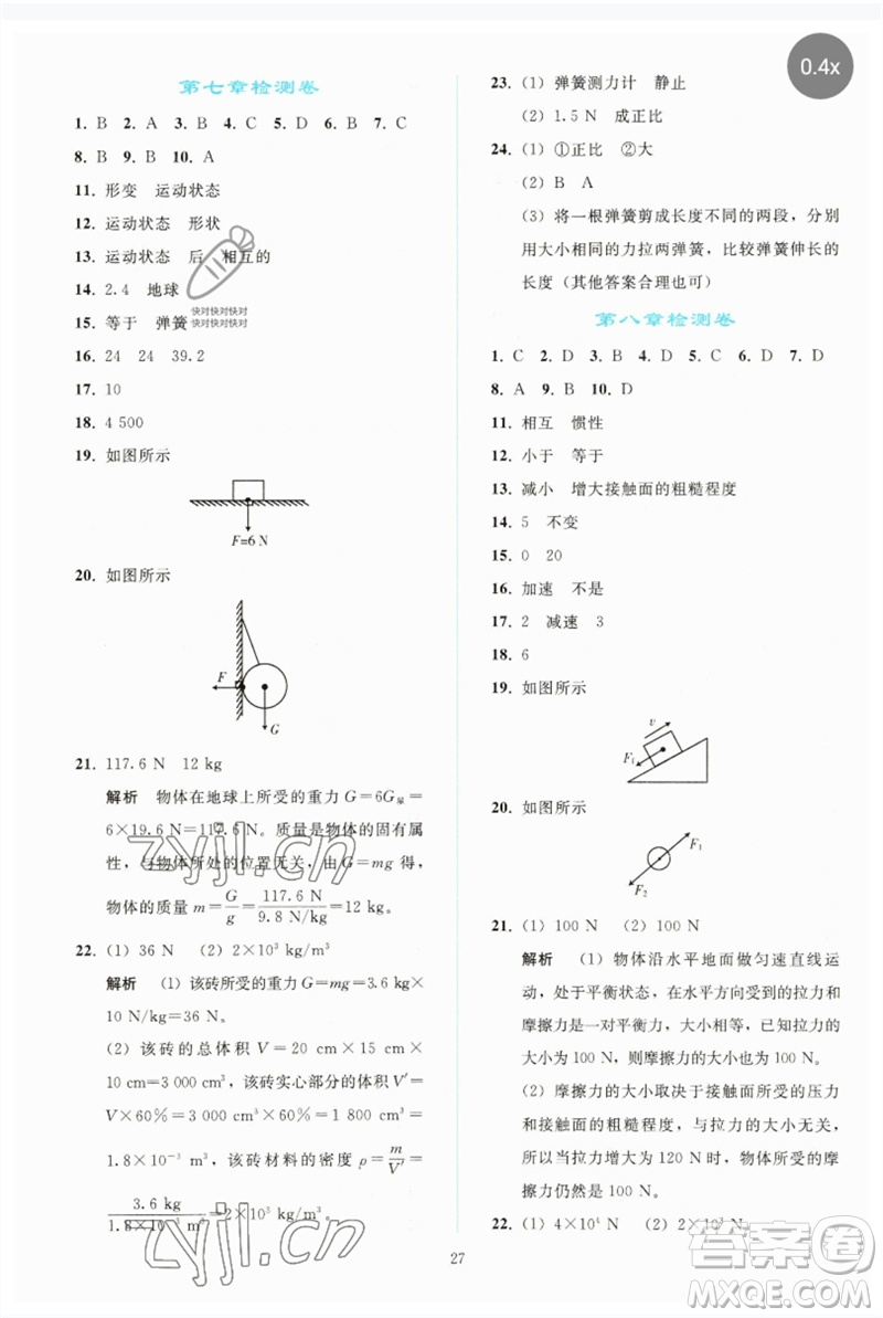 人民教育出版社2023同步輕松練習(xí)八年級物理下冊人教版參考答案