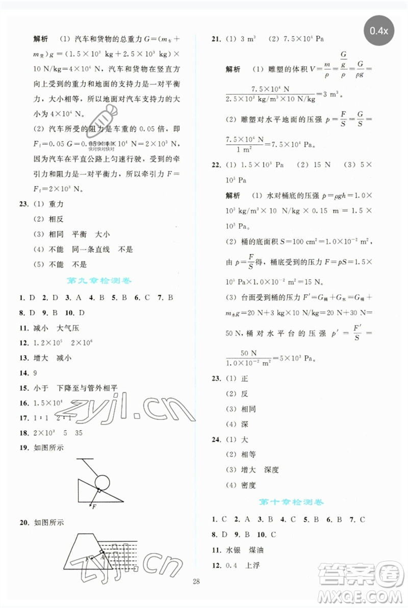 人民教育出版社2023同步輕松練習(xí)八年級物理下冊人教版參考答案