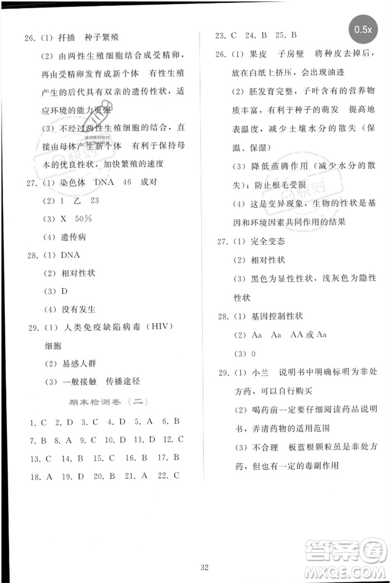 人民教育出版社2023同步輕松練習(xí)八年級(jí)生物下冊人教版參考答案