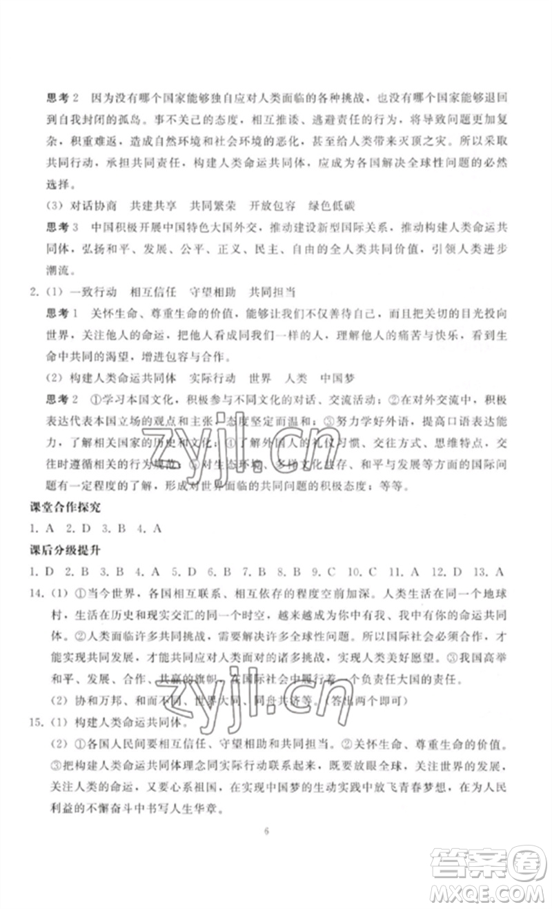 人民教育出版社2023同步輕松練習(xí)九年級(jí)道德與法治下冊(cè)人教版參考答案