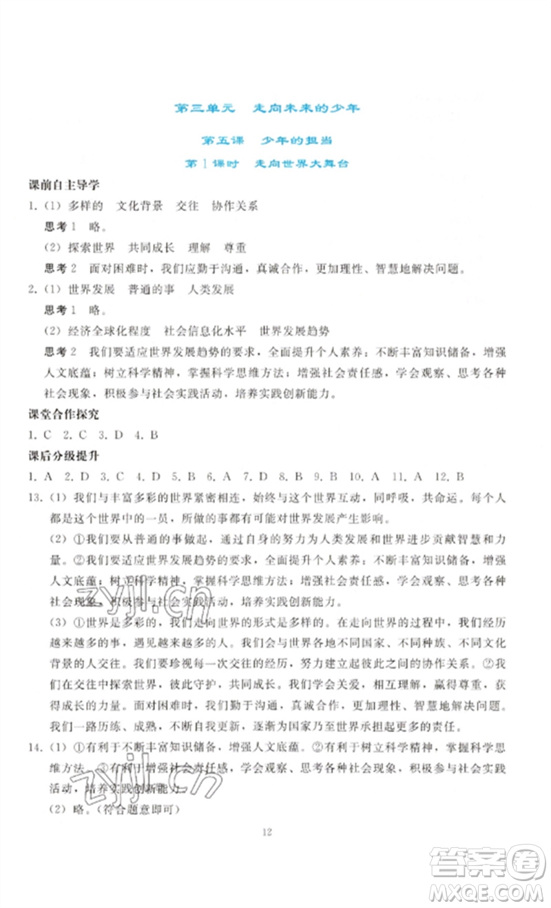 人民教育出版社2023同步輕松練習(xí)九年級(jí)道德與法治下冊(cè)人教版參考答案