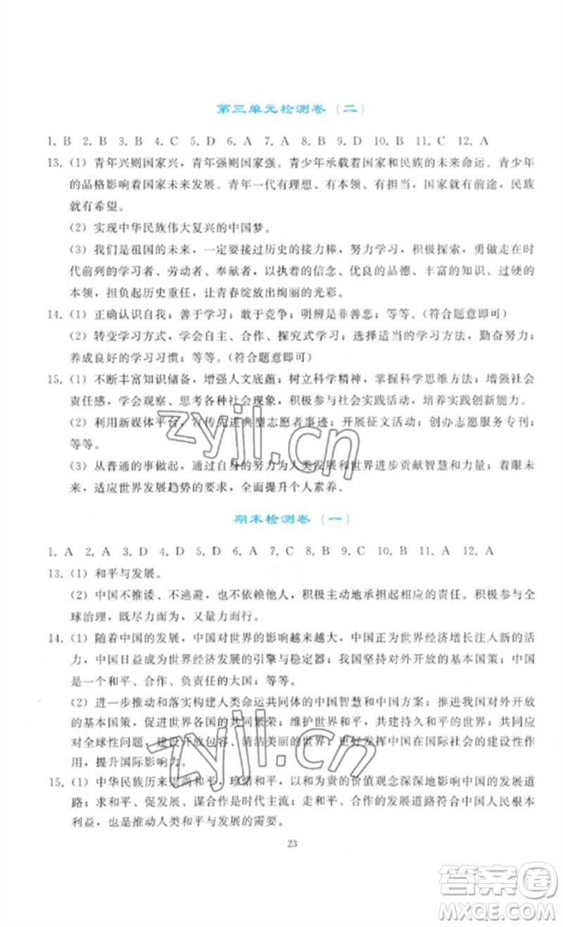 人民教育出版社2023同步輕松練習(xí)九年級(jí)道德與法治下冊(cè)人教版參考答案