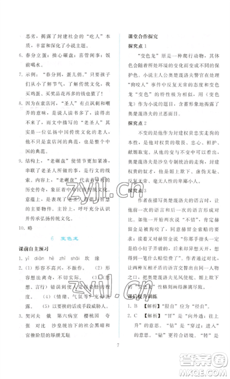 人民教育出版社2023同步輕松練習(xí)九年級語文下冊人教版參考答案
